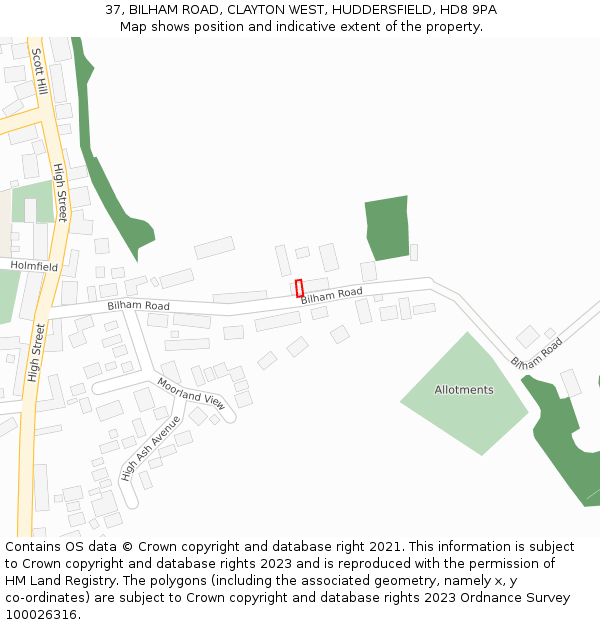37, BILHAM ROAD, CLAYTON WEST, HUDDERSFIELD, HD8 9PA: Location map and indicative extent of plot