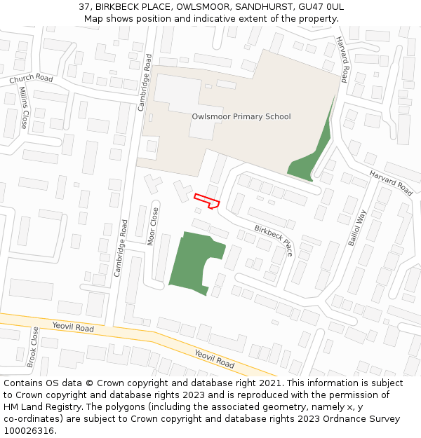 37, BIRKBECK PLACE, OWLSMOOR, SANDHURST, GU47 0UL: Location map and indicative extent of plot