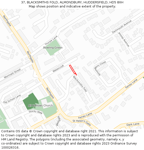 37, BLACKSMITHS FOLD, ALMONDBURY, HUDDERSFIELD, HD5 8XH: Location map and indicative extent of plot