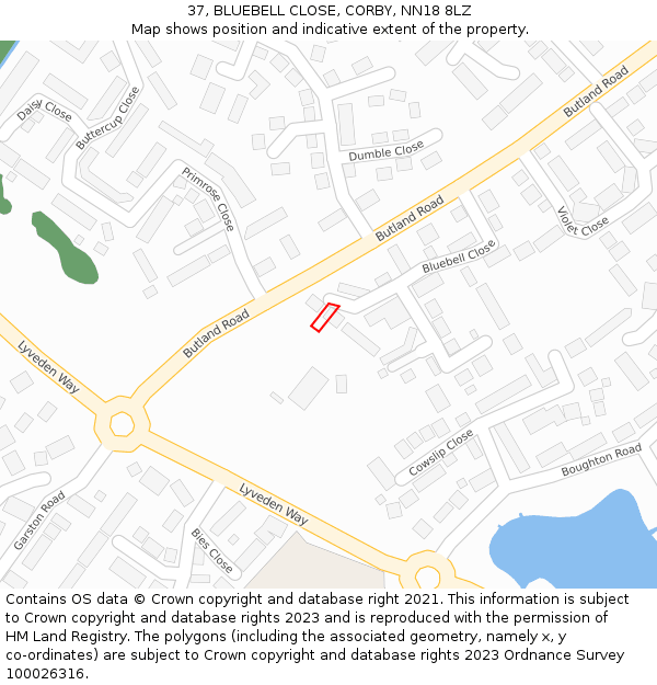 37, BLUEBELL CLOSE, CORBY, NN18 8LZ: Location map and indicative extent of plot