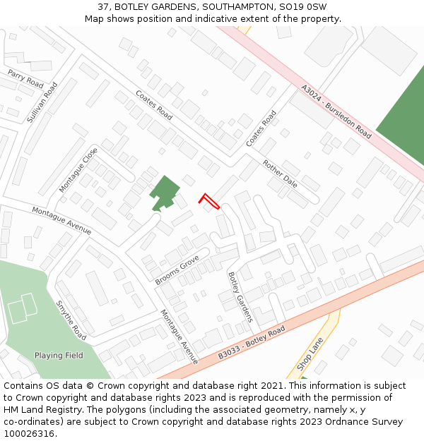37, BOTLEY GARDENS, SOUTHAMPTON, SO19 0SW: Location map and indicative extent of plot