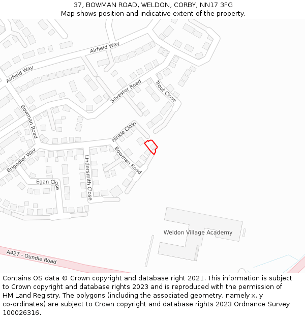 37, BOWMAN ROAD, WELDON, CORBY, NN17 3FG: Location map and indicative extent of plot