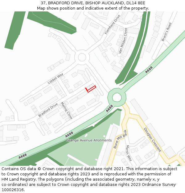 37, BRADFORD DRIVE, BISHOP AUCKLAND, DL14 8EE: Location map and indicative extent of plot