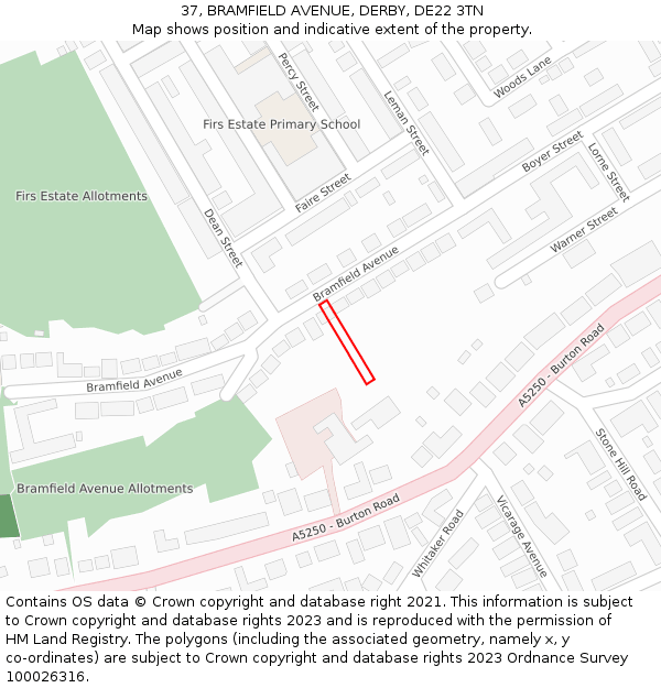 37, BRAMFIELD AVENUE, DERBY, DE22 3TN: Location map and indicative extent of plot