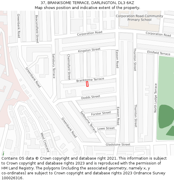 37, BRANKSOME TERRACE, DARLINGTON, DL3 6AZ: Location map and indicative extent of plot