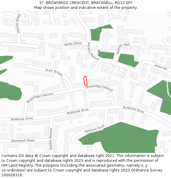 37, BROWNRIGG CRESCENT, BRACKNELL, RG12 2PY: Location map and indicative extent of plot