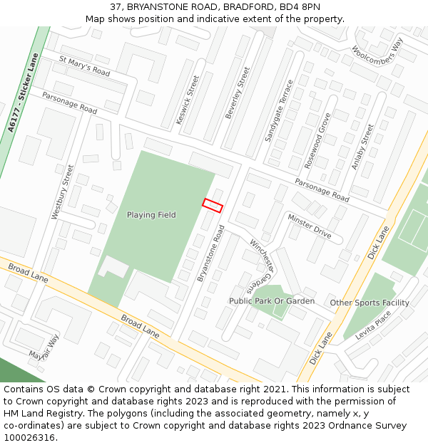 37, BRYANSTONE ROAD, BRADFORD, BD4 8PN: Location map and indicative extent of plot