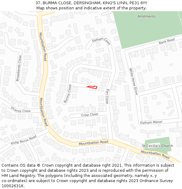37, BURMA CLOSE, DERSINGHAM, KING'S LYNN, PE31 6YY: Location map and indicative extent of plot