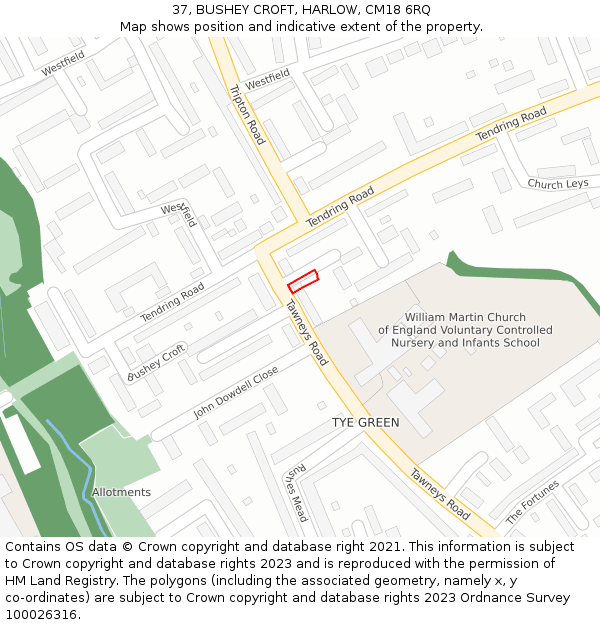 37, BUSHEY CROFT, HARLOW, CM18 6RQ: Location map and indicative extent of plot