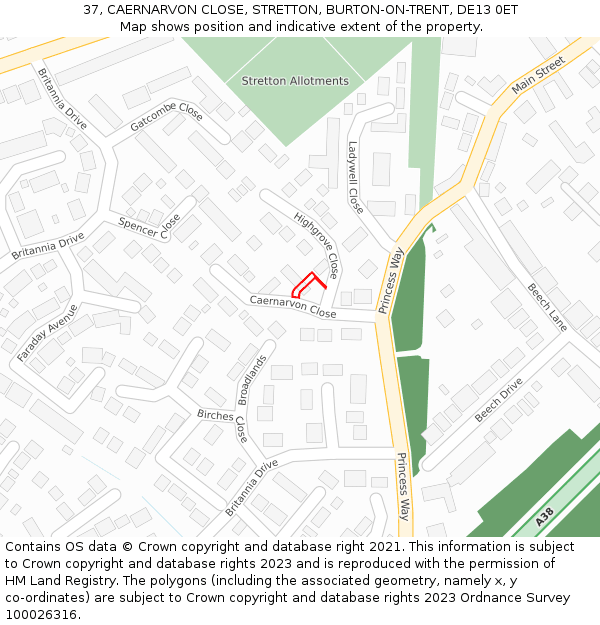 37, CAERNARVON CLOSE, STRETTON, BURTON-ON-TRENT, DE13 0ET: Location map and indicative extent of plot