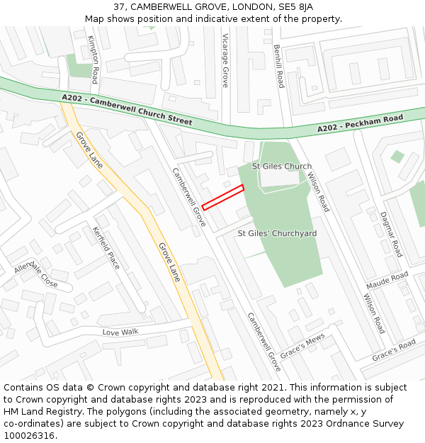 37, CAMBERWELL GROVE, LONDON, SE5 8JA: Location map and indicative extent of plot