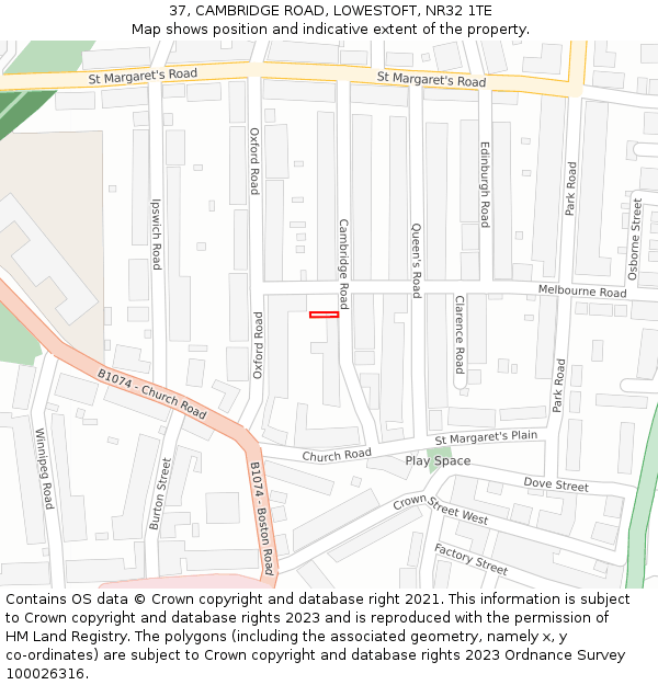 37, CAMBRIDGE ROAD, LOWESTOFT, NR32 1TE: Location map and indicative extent of plot