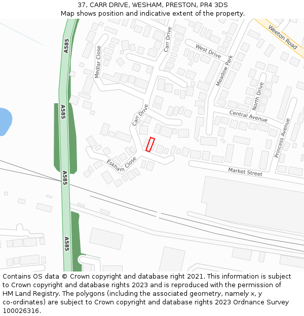 37, CARR DRIVE, WESHAM, PRESTON, PR4 3DS: Location map and indicative extent of plot