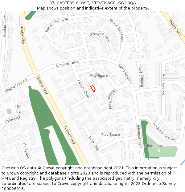 37, CARTERS CLOSE, STEVENAGE, SG2 9QA: Location map and indicative extent of plot