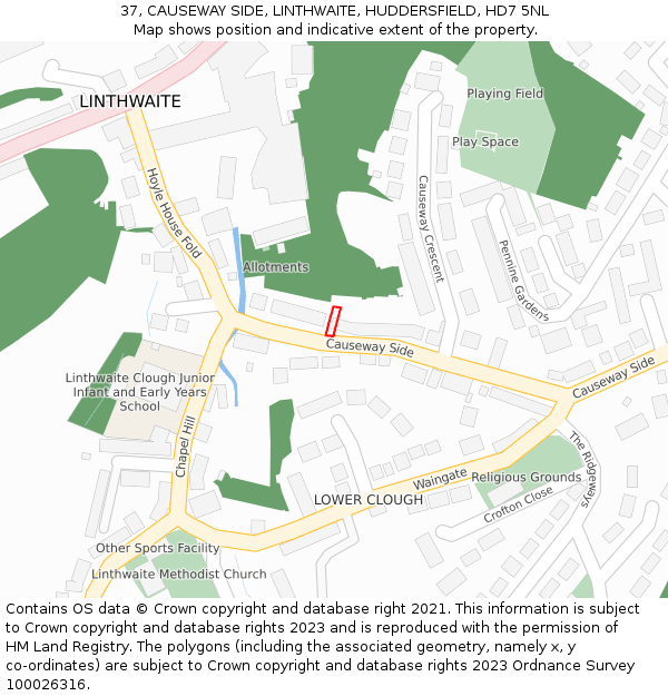 37, CAUSEWAY SIDE, LINTHWAITE, HUDDERSFIELD, HD7 5NL: Location map and indicative extent of plot