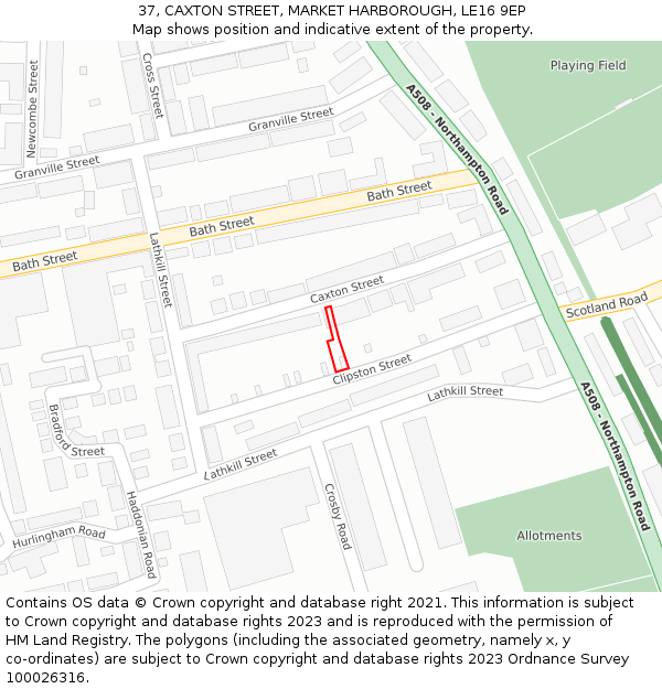 37, CAXTON STREET, MARKET HARBOROUGH, LE16 9EP: Location map and indicative extent of plot