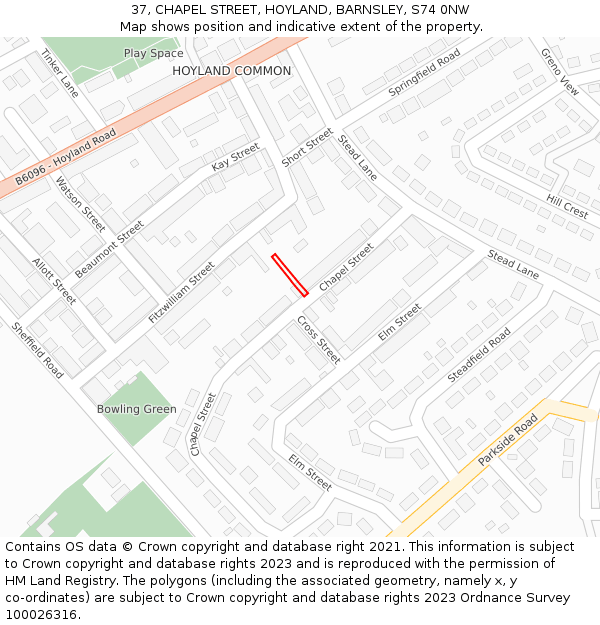 37, CHAPEL STREET, HOYLAND, BARNSLEY, S74 0NW: Location map and indicative extent of plot