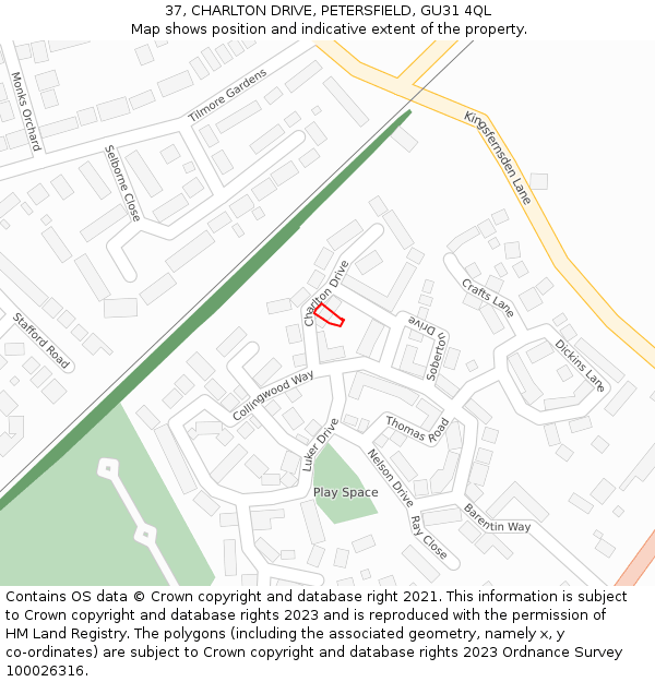 37, CHARLTON DRIVE, PETERSFIELD, GU31 4QL: Location map and indicative extent of plot