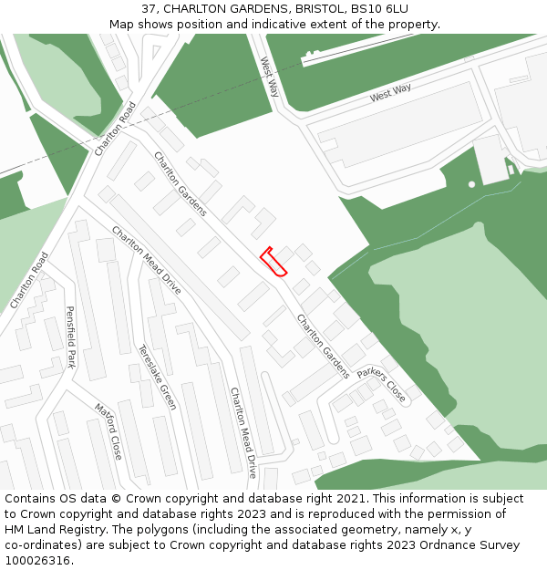 37, CHARLTON GARDENS, BRISTOL, BS10 6LU: Location map and indicative extent of plot