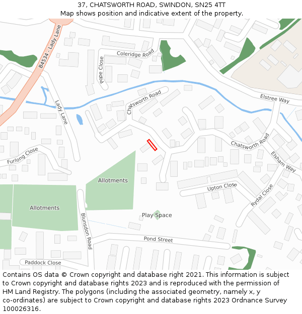 37, CHATSWORTH ROAD, SWINDON, SN25 4TT: Location map and indicative extent of plot