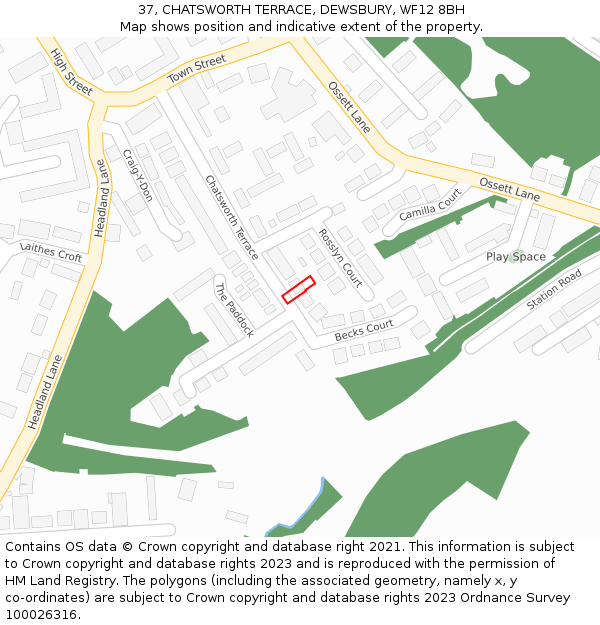 37, CHATSWORTH TERRACE, DEWSBURY, WF12 8BH: Location map and indicative extent of plot