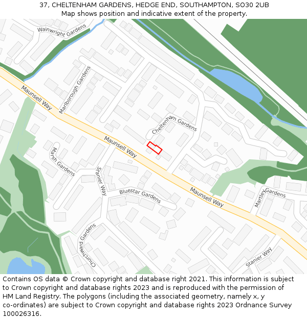 37, CHELTENHAM GARDENS, HEDGE END, SOUTHAMPTON, SO30 2UB: Location map and indicative extent of plot