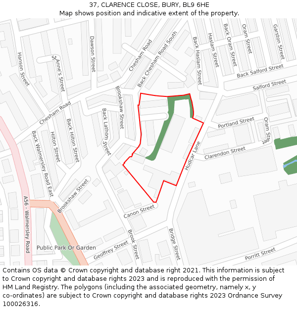 37, CLARENCE CLOSE, BURY, BL9 6HE: Location map and indicative extent of plot