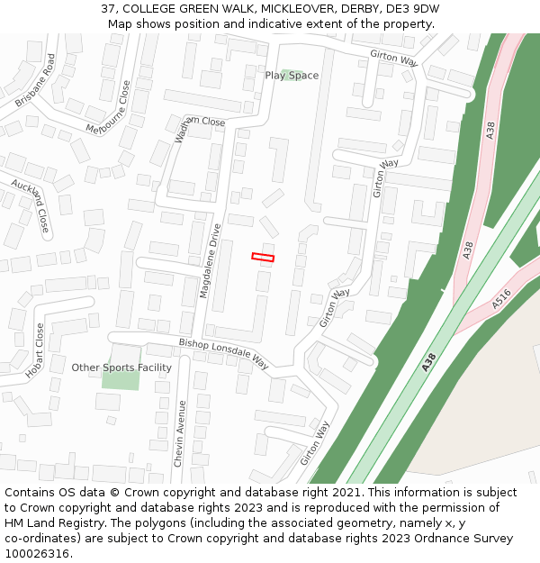 37, COLLEGE GREEN WALK, MICKLEOVER, DERBY, DE3 9DW: Location map and indicative extent of plot