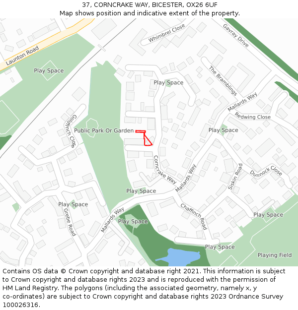 37, CORNCRAKE WAY, BICESTER, OX26 6UF: Location map and indicative extent of plot