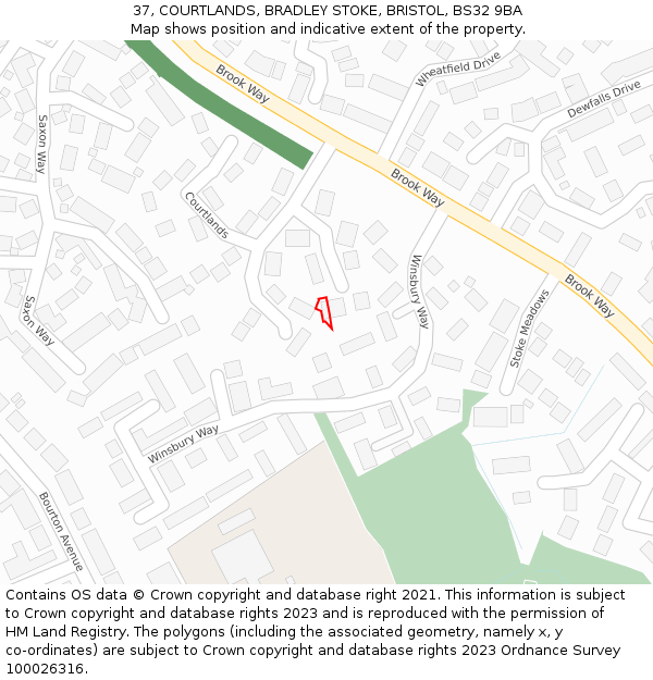 37, COURTLANDS, BRADLEY STOKE, BRISTOL, BS32 9BA: Location map and indicative extent of plot