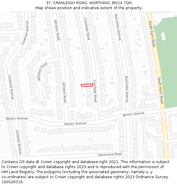 37, CRANLEIGH ROAD, WORTHING, BN14 7QN: Location map and indicative extent of plot
