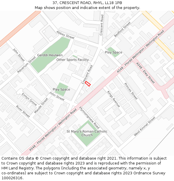 37, CRESCENT ROAD, RHYL, LL18 1PB: Location map and indicative extent of plot