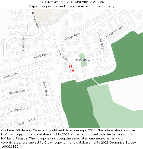 37, DARNAY RISE, CHELMSFORD, CM1 4XA: Location map and indicative extent of plot