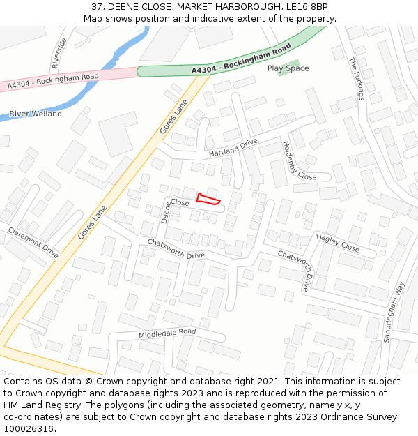 37, DEENE CLOSE, MARKET HARBOROUGH, LE16 8BP: Location map and indicative extent of plot