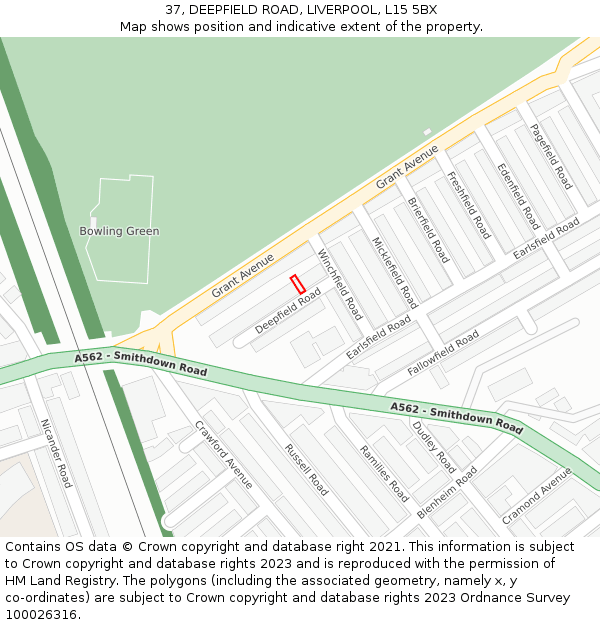 37, DEEPFIELD ROAD, LIVERPOOL, L15 5BX: Location map and indicative extent of plot