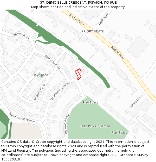 37, DEMOISELLE CRESCENT, IPSWICH, IP3 9UE: Location map and indicative extent of plot