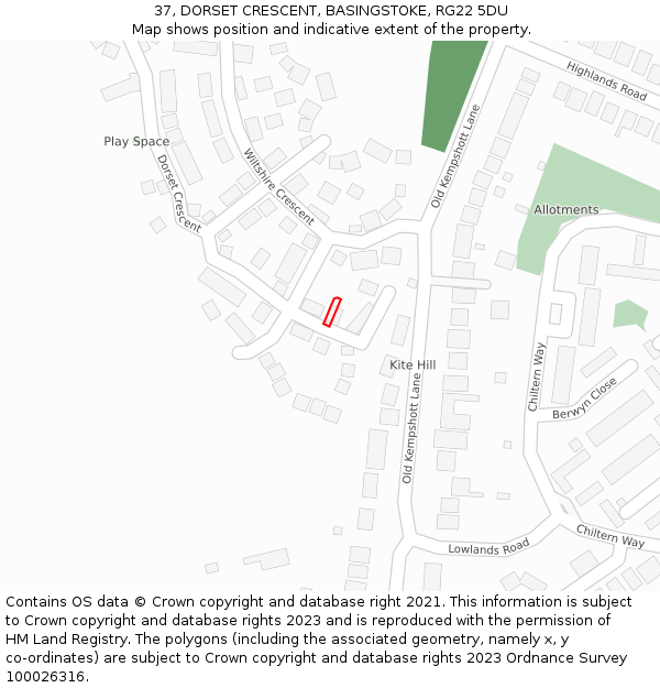 37, DORSET CRESCENT, BASINGSTOKE, RG22 5DU: Location map and indicative extent of plot