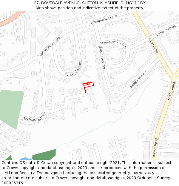 37, DOVEDALE AVENUE, SUTTON-IN-ASHFIELD, NG17 1DX: Location map and indicative extent of plot