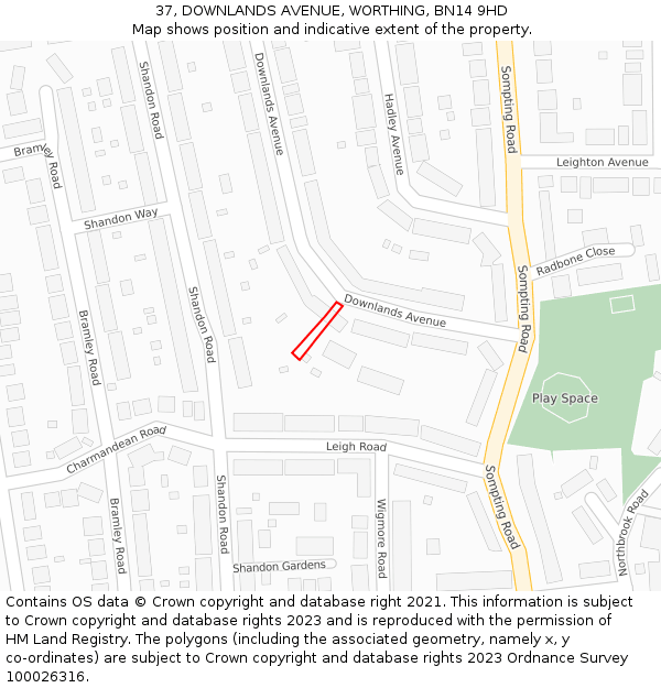 37, DOWNLANDS AVENUE, WORTHING, BN14 9HD: Location map and indicative extent of plot