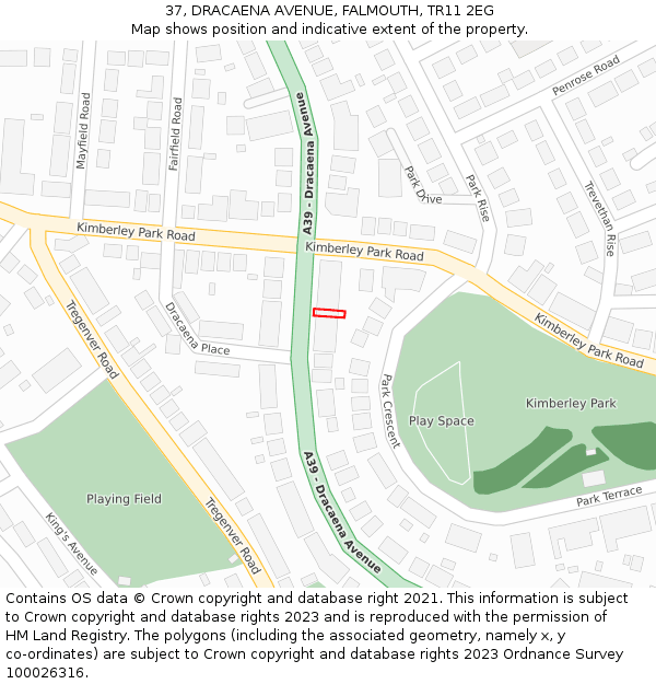 37, DRACAENA AVENUE, FALMOUTH, TR11 2EG: Location map and indicative extent of plot
