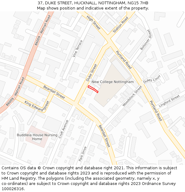 37, DUKE STREET, HUCKNALL, NOTTINGHAM, NG15 7HB: Location map and indicative extent of plot