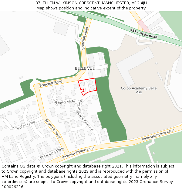 37, ELLEN WILKINSON CRESCENT, MANCHESTER, M12 4JU: Location map and indicative extent of plot