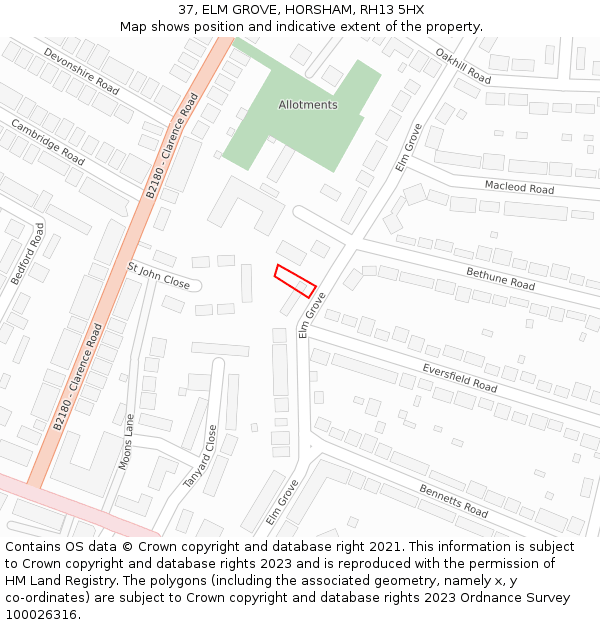 37, ELM GROVE, HORSHAM, RH13 5HX: Location map and indicative extent of plot