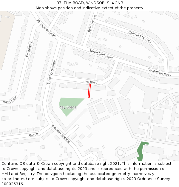 37, ELM ROAD, WINDSOR, SL4 3NB: Location map and indicative extent of plot