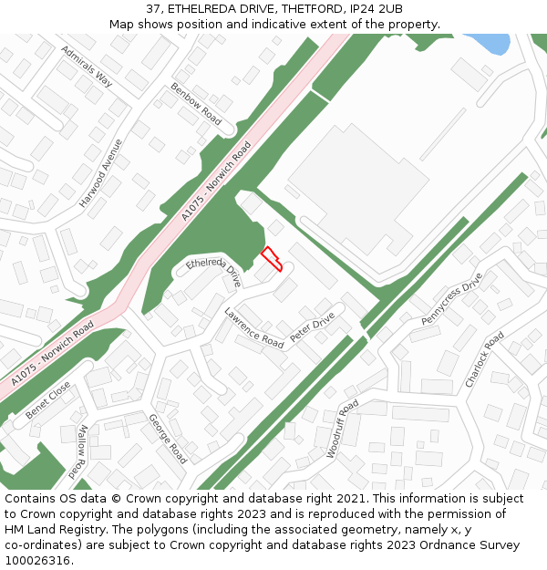 37, ETHELREDA DRIVE, THETFORD, IP24 2UB: Location map and indicative extent of plot