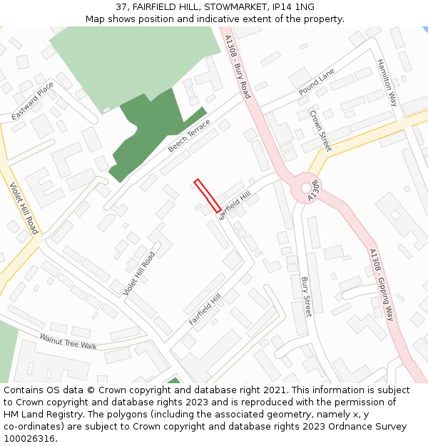 37, FAIRFIELD HILL, STOWMARKET, IP14 1NG: Location map and indicative extent of plot