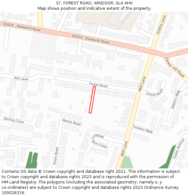 37, FOREST ROAD, WINDSOR, SL4 4HX: Location map and indicative extent of plot