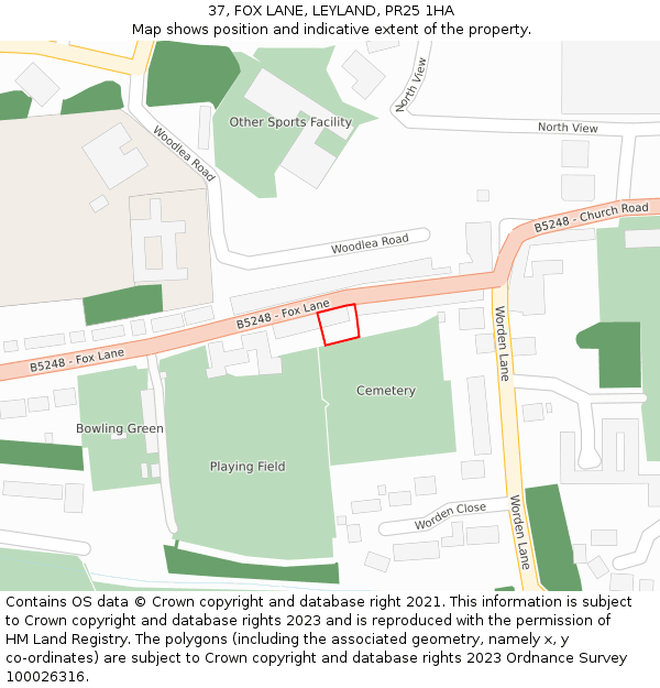 37, FOX LANE, LEYLAND, PR25 1HA: Location map and indicative extent of plot