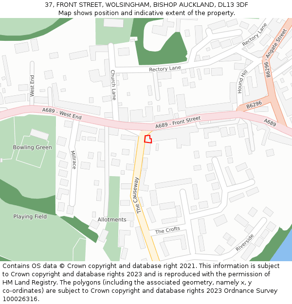 37, FRONT STREET, WOLSINGHAM, BISHOP AUCKLAND, DL13 3DF: Location map and indicative extent of plot