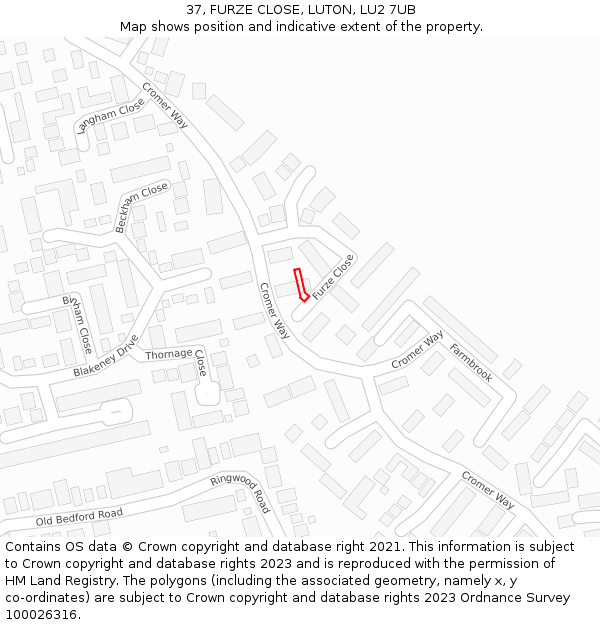 37, FURZE CLOSE, LUTON, LU2 7UB: Location map and indicative extent of plot